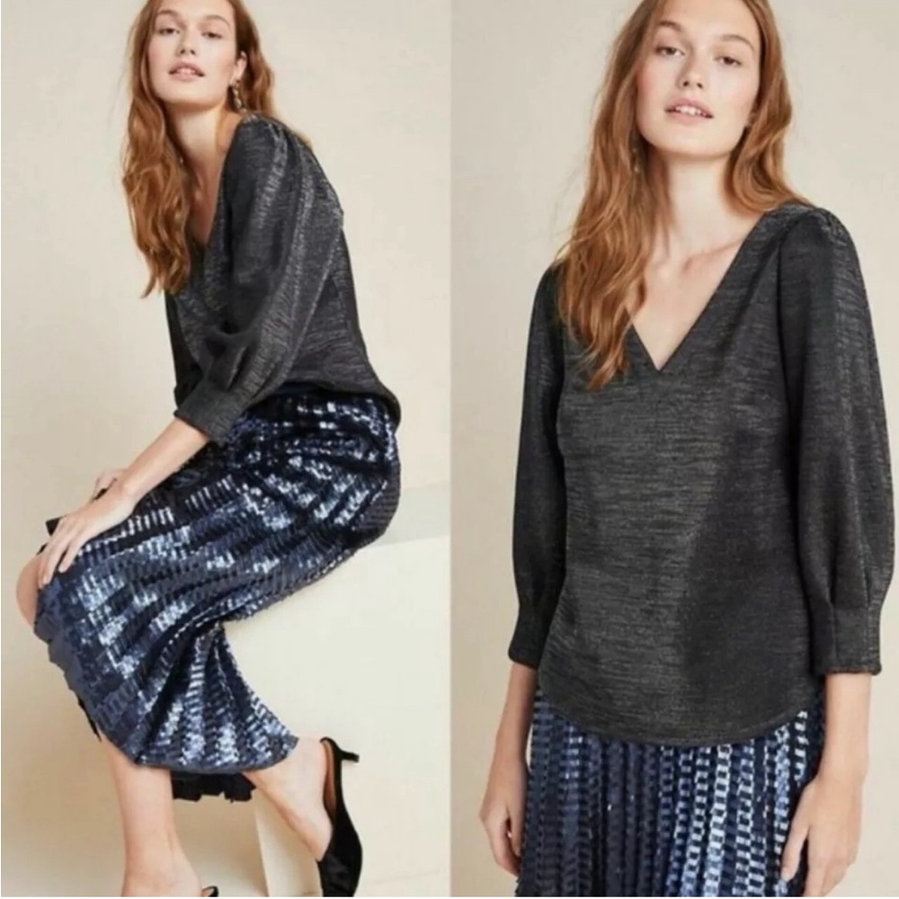 RO & DE ANTHROPOLOGIE Cassidy Metallic Shimmer Balloon Sleeve Blouse Small